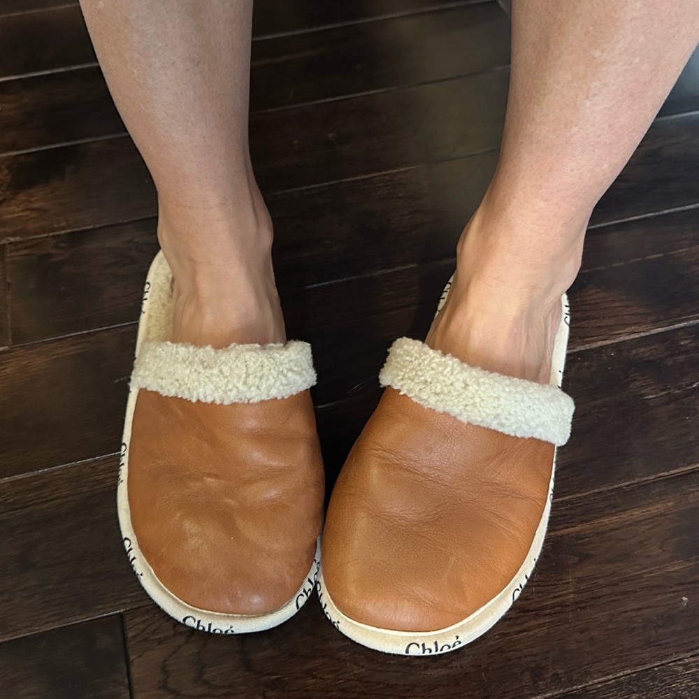 Chloe Sherpa + leather slipper + slides indoor / outdoor size 36